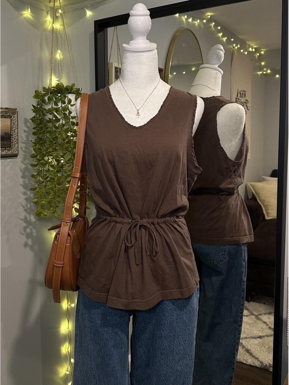 Brown Raw Edge Drawstring Tank 🤎